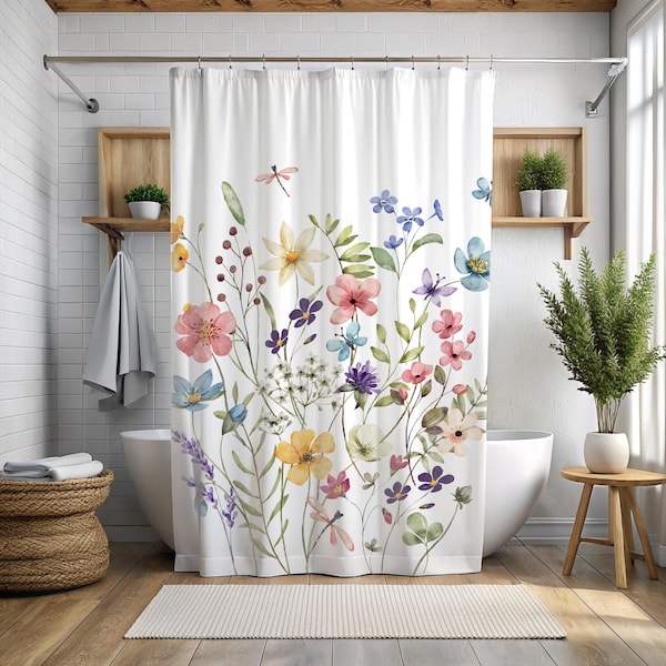 Floral Wildflower Shower Curtain, Boho Cottagecore Bath Decor