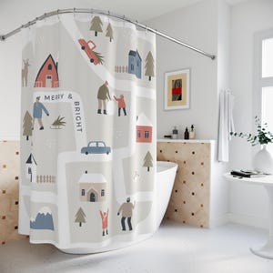 Winter Merry & Bright Town Shower Curtain, There&#39;s No Place Like Home Bathroom Shower Curtain, Christmas Town Bathroom Decor, New Home Gift