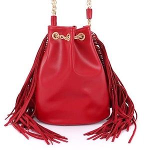 Bucket Bag with Fringe in Red, Black, and Teal