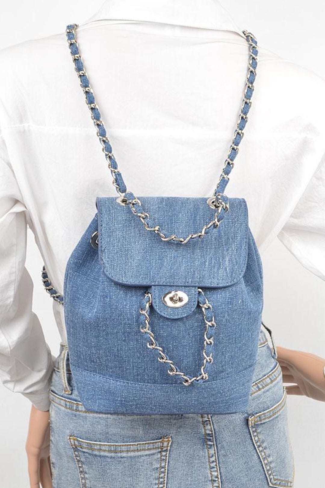 Denim Backpack With Chain Straps Twist! - Etsy