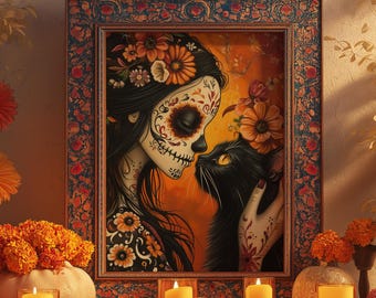 Día de los Muertos Print: Girl and Cat Ofrenda Wall Art (Digital Download)