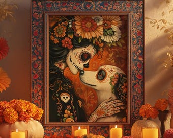 Día de los Muertos Girl and Dog Print: Sugar Skull Ofrenda Art (Digital Download)