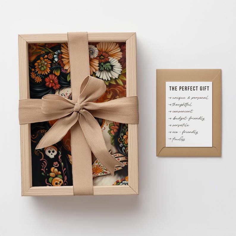 May include: A framed print of a colorful illustration featuring a woman with flowers in her hair. The print is wrapped in brown ribbon and placed in a wooden box. The box is labeled "THE PERFECT GIFT" with a list of reasons why it is a perfect gift.