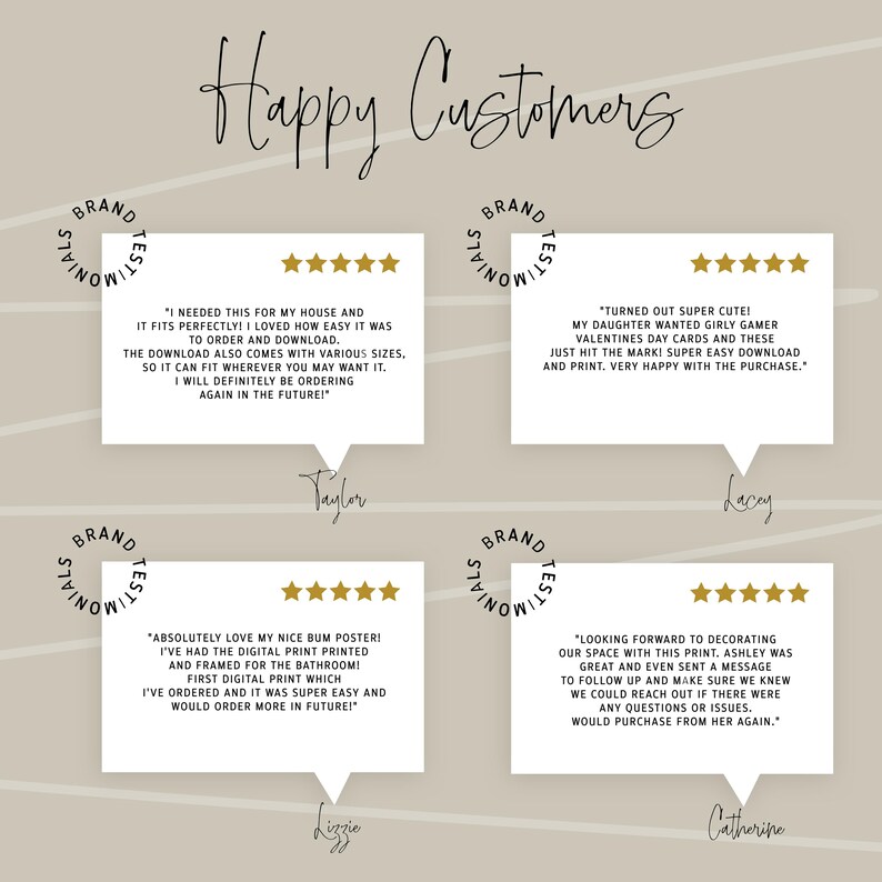 May include: Image featuring customer testimonials with five-star ratings. The text includes phrases like "Happy Customers," and reviews praising the product's ease of use and quality. The design is clean with a neutral color palette.