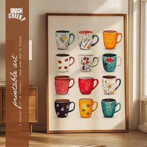 コーヒーマグコラージュ印刷可能、コーヒーマグクリップアート印刷、ホットティー壁飾り、手描きのカラフルなマグ壁飾り、コーヒー愛好家、ホスティングアート