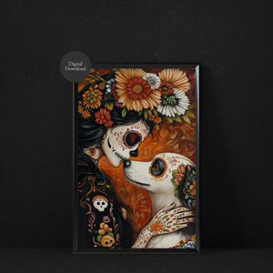 Día de los Muertos Girl and Dog Print: Sugar Skull Ofrenda Art (Digital Download) image 2