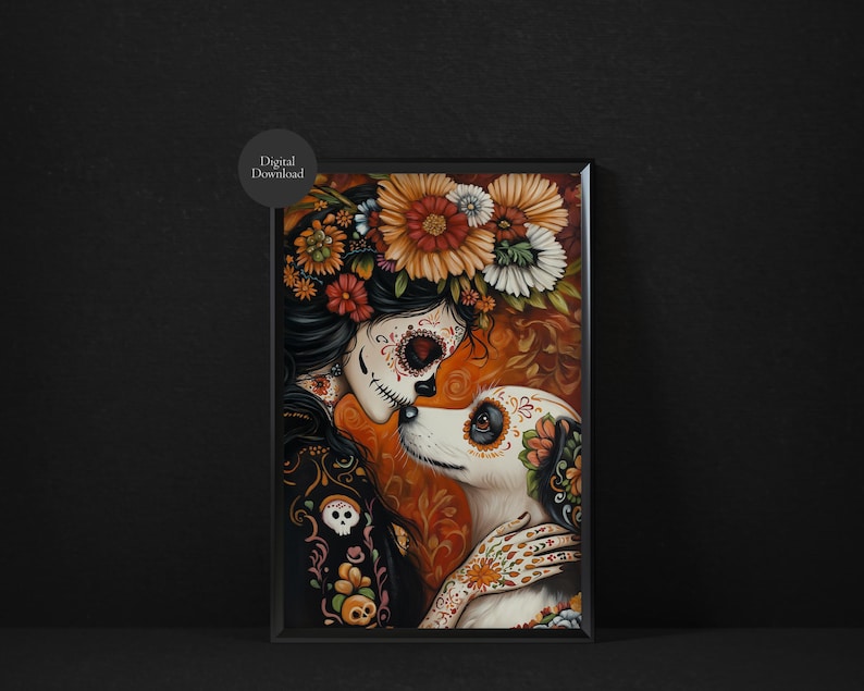 Día de los Muertos Girl and Dog Print: Sugar Skull Ofrenda Art (Digital Download) image 2