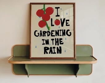 Hand Drawn Gardening Print, Tomatoes, Raindrops, Folk Art Kitchen Decor (Digital Download)