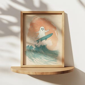 Surfeur fantôme à imprimer, impression numérique de surf d&#39;Halloween, art mural téléchargeable Halloween fantôme amusant, décoration murale imprimable Airbnb, impression côtière