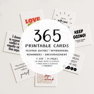 Puede incluir: Un conjunto de 365 tarjetas imprimibles con citas positivas, afirmaciones, recordatorios y ánimos. Las tarjetas son blancas con texto en negro y rojo, con frases motivadoras. Las tarjetas están diseñadas para recortar y usar a diario.