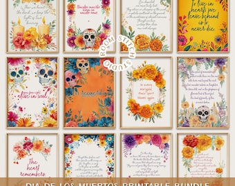 May include: A set of framed Dia de los Muertos art prints. Each print displays vibrant floral designs, sugar skulls, and uplifting quotes. The prints feature a range of colours, such as orange, yellow, and purple. The words "DIA DE LOS MUERTOS PRINTABLE BUNDLE" are at the bottom.