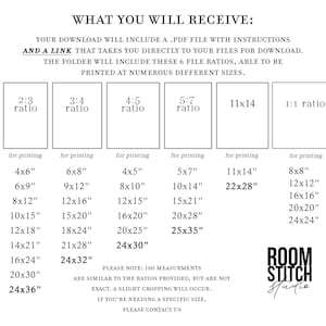 May include: A white document with black text detailing file ratios for printing digital art. The document includes six ratio options: 2:3, 3:4, 4:5, 5:7, 11x14, and 1:1, with corresponding print sizes in inches. The Room Stitch Studio logo is at the bottom.