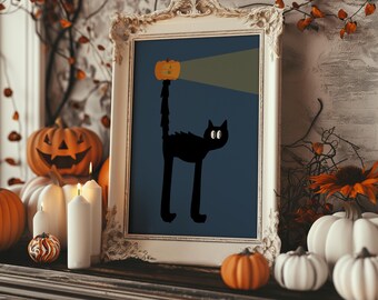 Scaredy Cat & Pumpkin Glow Printable Wall Art: Quirky Halloween Decor (digital download)
