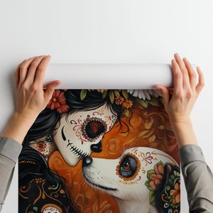 May include: A colorful illustration of a woman and a dog with sugar skull makeup. The woman has black hair and is wearing a black and white dress with floral details. The dog is white with black spots and has a floral design on its face. The background is a vibrant orange and brown.