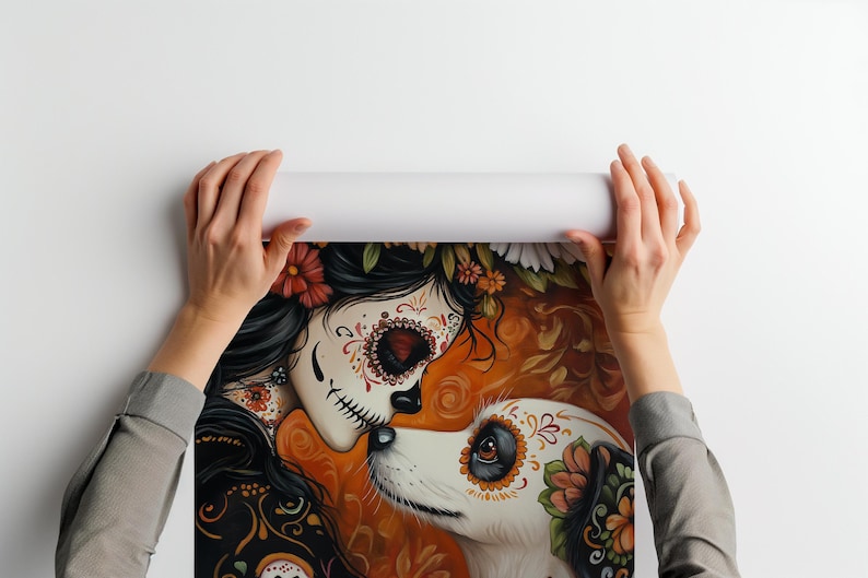 May include: A colorful illustration of a woman and a dog with sugar skull makeup. The woman has black hair and is wearing a black and white dress with floral details. The dog is white with black spots and has a floral design on its face. The background is a vibrant orange and brown.