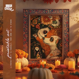 Día de los Muertos PRINTABLE, Day of the Dead Girl and Dog Digital Print, Downloadable Print for the Ofrenda, Sugar Skull Painting Print