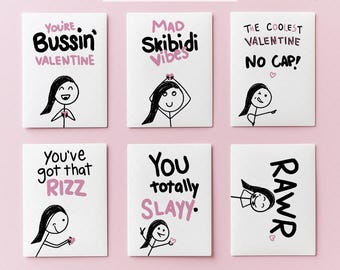Funny Tween Valentine Cards, Kids Slang School DIY Printables, Hand Drawn Girl Class Valentine, Instant Download (PDF & JPG Files)