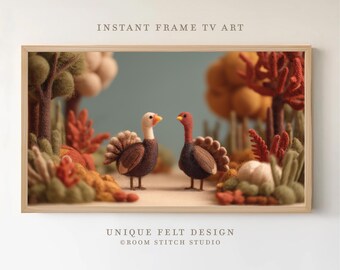 Thanksgiving Frame TV Art | Felted Turkey Scene Decor (Instant Download)