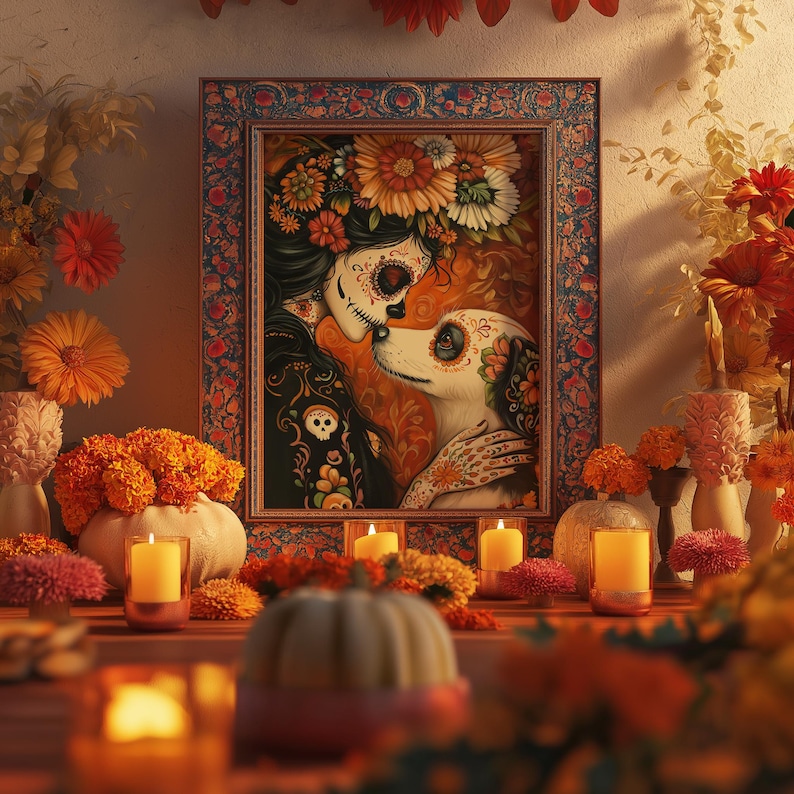 May include: Day of the Dead themed artwork features a sugar skull woman and a dog.  The ornate frame is dark blue with orange and gold floral patterns. The artwork is rich with orange, gold, and dark colors. Candles and marigolds surround the framed artwork, creating a Day of the Dead altar scene.