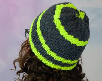 Witch Bolt Hat, a Dungeons & Dragons-inspired double-knit, reversible hat knitting pattern for geeky knitters