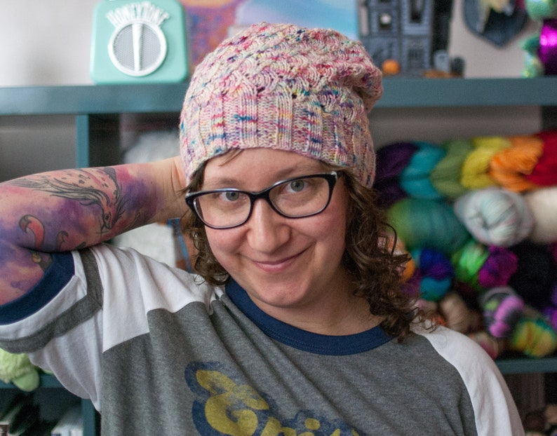 Prismatic Spray, a Dungeons & Dragons-inspired hat knitting pattern for geeky knitters image 1