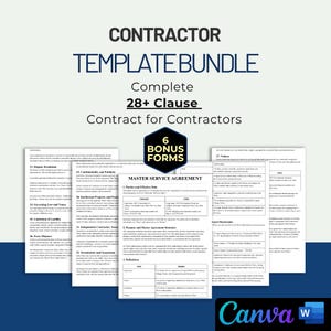 May include: A digital contractor template bundle featuring a master service agreement, 28+ clauses, and 6 bonus forms. The document displays black text on white pages with a dark blue background and the Canva and Word logos in the bottom corner.