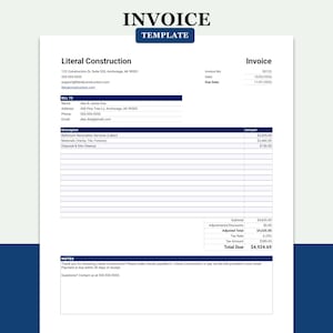 May include: A white invoice template document with dark blue headers and text. It includes fields for company information, client billing details, a line-item description table for services, and a summary section with a total due of $4,924.69.