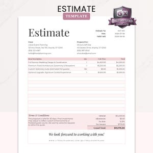 Puede incluir: Una plantilla de presupuesto digital para Google Sheets y Excel con fondo blanco y detalles en rosa suave. El formulario incluye campos para servicios de planificación de eventos, descripciones de artículos, cantidades y el total.