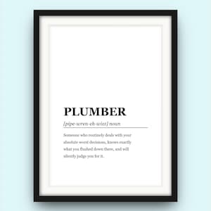 Può includere: Una stampa incorniciata con una cornice nera e un passe-partout bianco. La stampa presenta la parola "PLUMBER" in grassetto nero, seguita da una pronuncia fonetica e da una definizione umoristica. Lo sfondo è bianco.