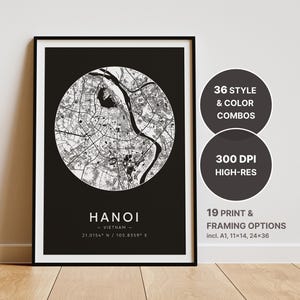 Stampa mappa Hanoi, B&N - Mappa da parete, Mappa della città stampabile, Poster della città incorniciato, Stampa mappa moderna, Mappa digitale, Tutte le città: Londra Parigi Roma