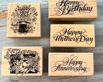 5 wood mounted PSX rubber stamps card making Happy Thanksgiving New Years Mother’s Day Anniversary Birthday Sentiments