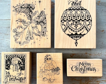 5 wood mounted PSX rubber stamps to make Christmas cards angel ornament beachy Santa snowman