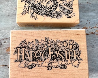 2 wood mounted PSX rubber stamps to make Easter cards Spring bunnies rabbits Easter  eggs border