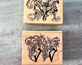 wood mounted PSX rubber stamps M W floral monogram Magnolia Wisteria choice of letter