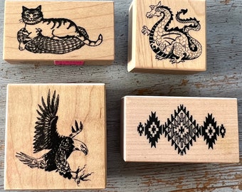 4 wood mounted PSX rubber stamps card making Eagle cat dragon Navajo tribal design Southwest