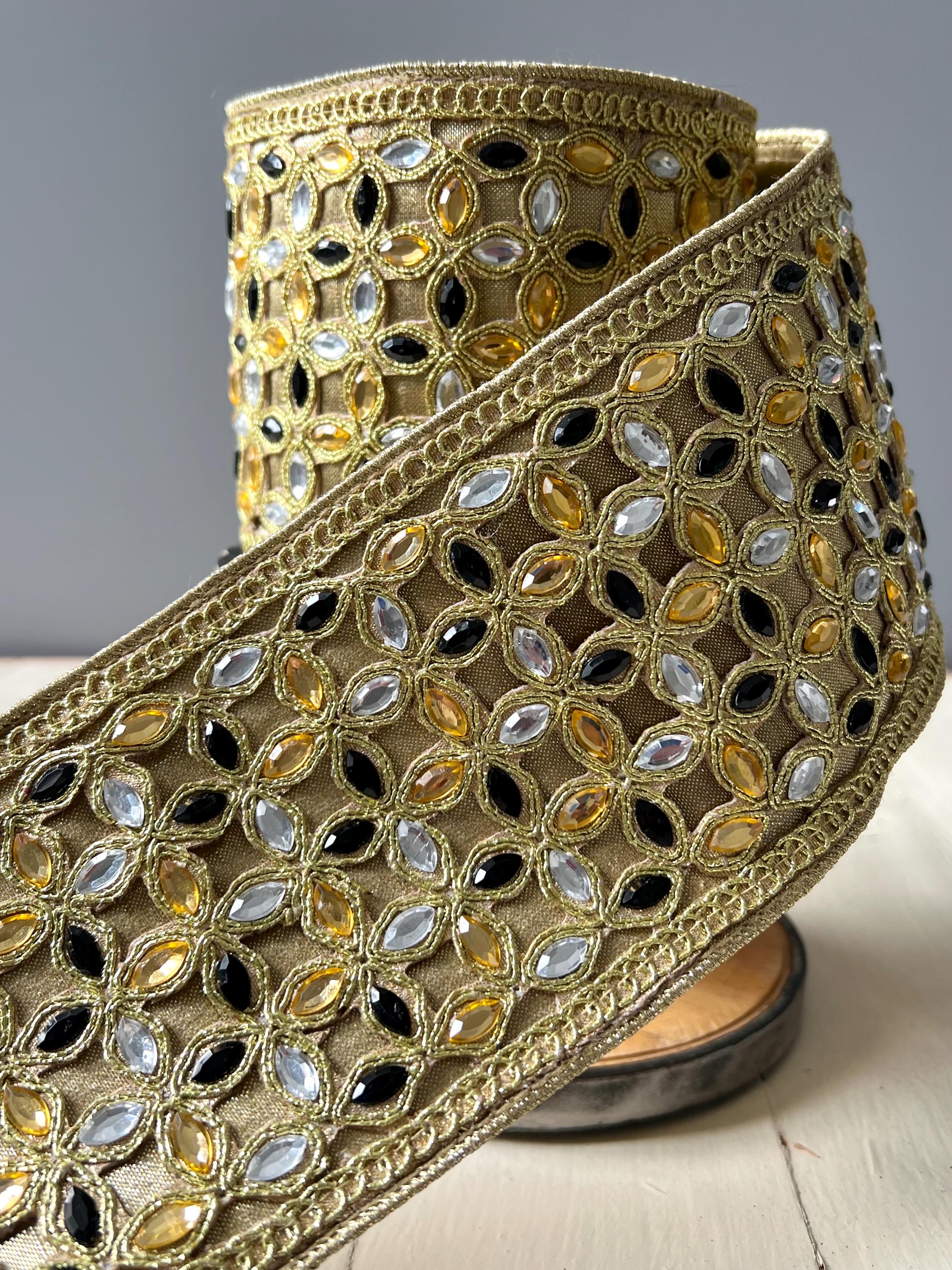Jewled Ribbon D. Stevens Luxury Ribbon Elegant Embroidery Gold Black Silver Gems 4” X ...