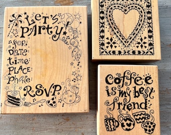 3 wood mounted PSX rubber stamps card making birthday party invitation coffee Heart