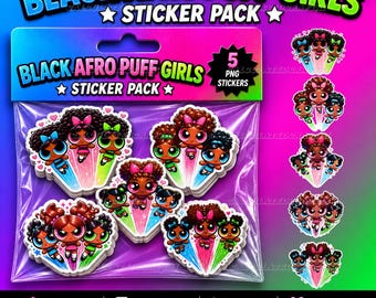 Black Powerpuff Girls Inspired Digital & Printable Stickers | Kawaii + Chibi Afro Puff Girls Clip Art | 5 Pack PNG Bundle