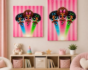 Black Powerpuff Girls Inspired Digital Art | 2 Pack PNG Set | Pink Wall Decor | Digital Download