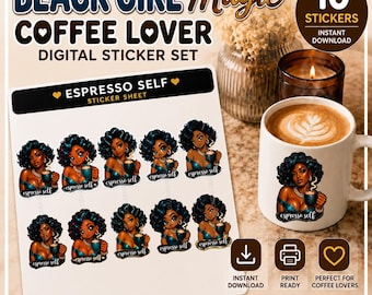 Black Girl Coffee Digital Stickers | Coffee Lover PNG Planner Sticker Set