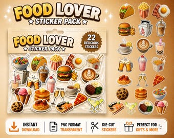 22 Yummy Food & Drink Digital Stickers | Coffee, Pizza, Sushi, Dessert | Digital Download
