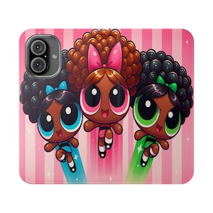 Black Powerpuff Girls Phone Case: Faux Leather Wallet with Stand