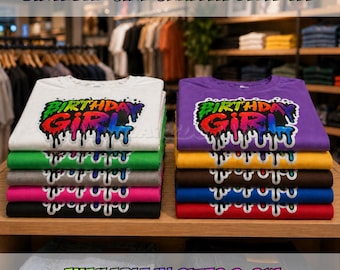 Birthday Girl Graffiti Style Rainbow Drip Graphic Tee | Fun Colorful Birthday Party Shirt