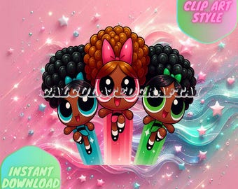 Black Powerpuff Girls Inspired Clip Art | Ideal for Digital & Printable Stickers | Digital Download