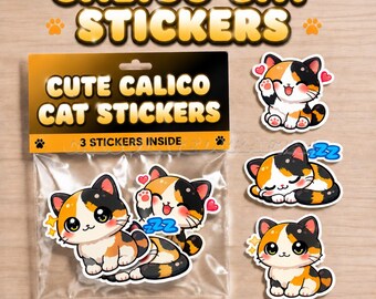 Kawaii Calico Cat Digital Stickers | 3 Pack PNG Bundle | Ideal for Digital Planners, Goodnotes & Printable Stickers