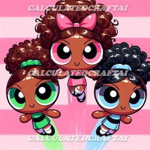 Puede incluir: Tres chicas de dibujos animados con piel morena y ojos grandes. Tienen el pelo rizado marrón en coletas altas con lazos de colores. Las chicas llevan vestidos de colores y vuelan con estelas de color detrás de ellas. El fondo es de rayas rosas y blancas.