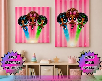 Digitale Kunst inspiriert von den Powerpuff Girls (schwarz) | 2er-Pack PNG-Set | Rosa Wanddeko | Digitaler Download