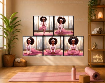 Black Girl Yoga Wall Art Set of 10 | Printable Wellness Decor | Pink Yoga Prints | Chibi & Kawaii Yoga Prints | Yoga Studio Gallery Set