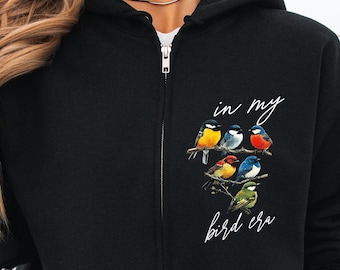 Colorful Songbirds Illustration zip hoodie | "in my bird era" chest text