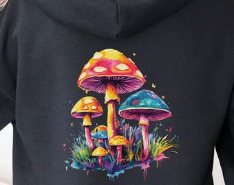 Trippy Mushroom Zip Hoodie, Psychedelic Nature Art Hoodie for Mushroom Lovers, Cozy Retro Zip Up